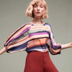 Maeve Silk Kimono Blouse Watercolor Stripe Multicolor Women's Small